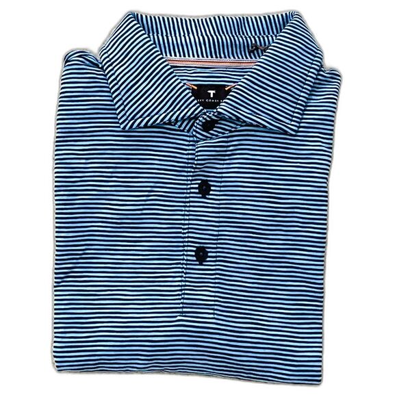 $135 Left Coast Tee NWT Mens Size M Striped Hairline Polo Navy Blue Short Sleeve - Picture 1 of 7
